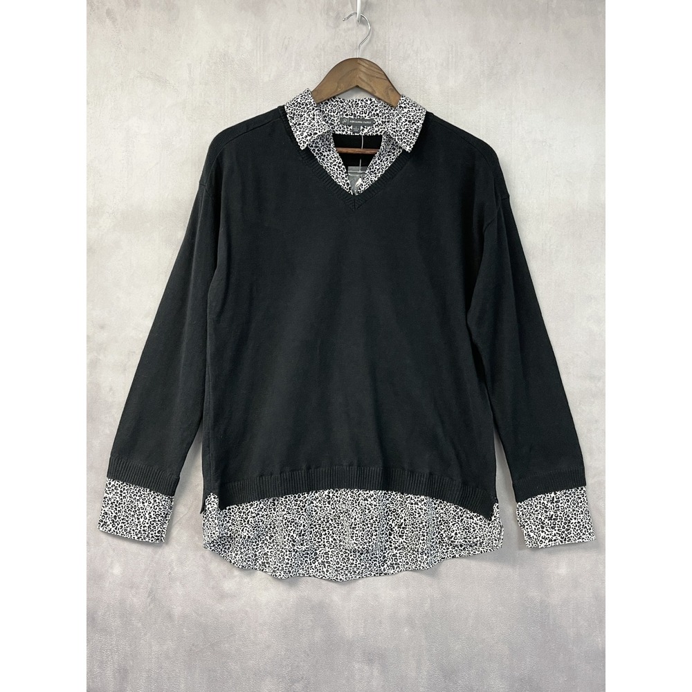 Adrianna Papell Women Sweater L Layered Leopard Print Trim Dark Academia Twofer